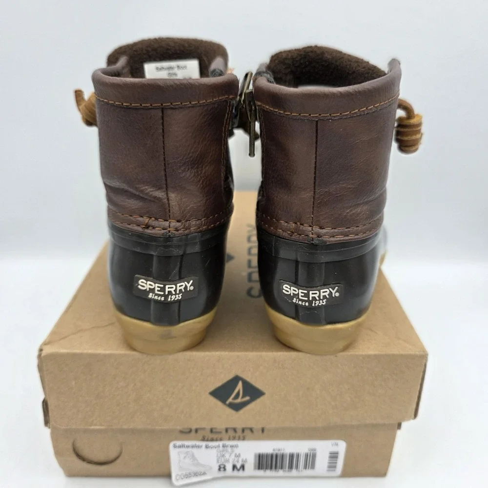 Sperry Saltwater Brown Duck Boots Girls Size 8 Ankle Side Zipper & LaceUp Shoes